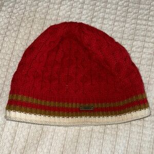 Red Cable Knit Beanie with Stripes